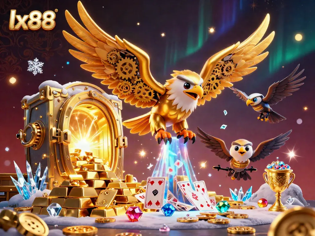 Experience winning thrills with LX88's vibrant 3D illustration of a cybernetic golden eagle soaring through holographic cards amidst cascading treasures.