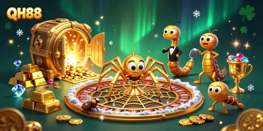 Experience thrilling bets at QH88 as a golden spider spins a roulette web in a vibrant casino scene.