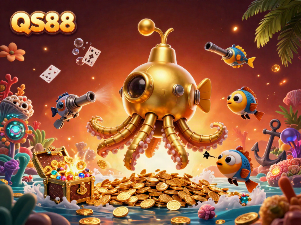 Experience excitement with QS88's golden kraken submarine amid an ocean of treasures.
