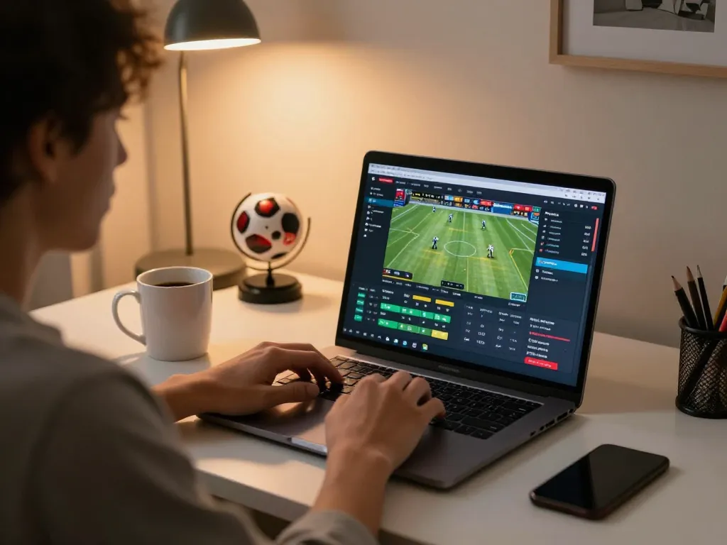 Engaging in sports betting with TG88 on a laptop in a modern home office setting.