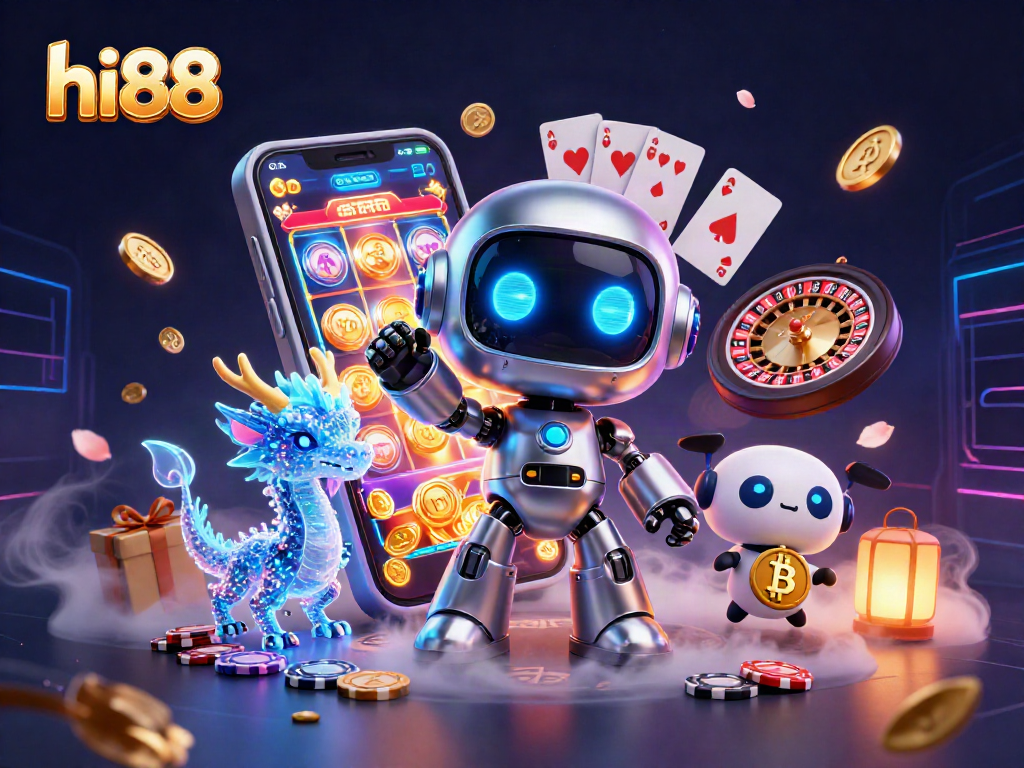 Engage in exciting gaming adventures at hi88 with a vibrant 3D cyberpunk scene filled with casino elements.