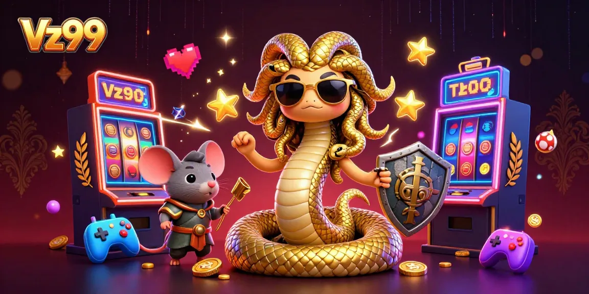 Join Vz99 in a vibrant online casino scene featuring colorful slot machines and dynamic characters.