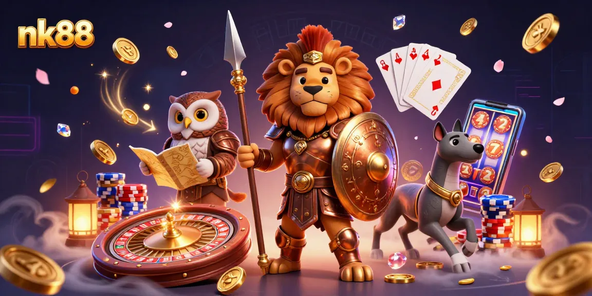 Engage in thrilling gameplay at nk88 surrounded by golden coins, poker chips, and a spinning roulette.
