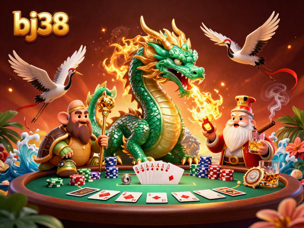 Experience the thrill of bj38 gaming with a dragon, turtles, and cranes around a vibrant poker scene.