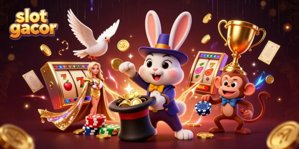 Engage with slot gacor action as a magician rabbit pulls golden coins with his dove companion in a vibrant casino scene.