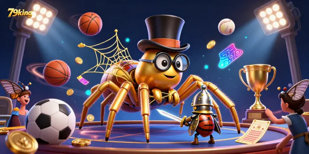 Engage with the bold adventures of 79king amidst an action-packed casino scene featuring a golden tarantula, beetle knight, and dynamic game elements.
