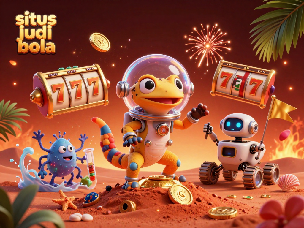 Experience thrilling moments at situs judi bola with this vibrant illustration depicting a Martian gecko and golden slot reels.