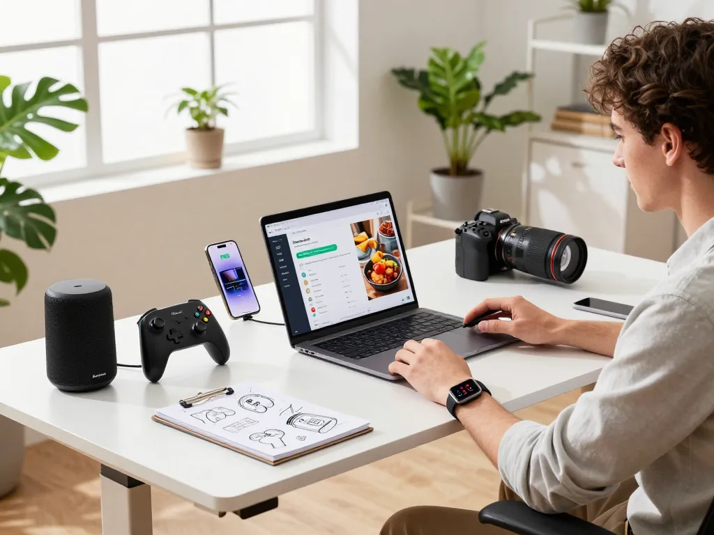 Explore innovative affordable tech gadgets in a bright workspace with Bluetooth devices and a creative professional.