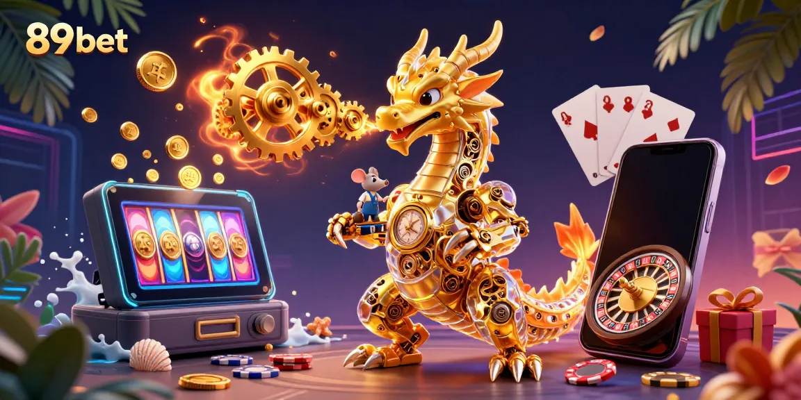 Engage in vibrant gameplay with 89 bet, featuring a golden dragon amidst exhilarating slots and cards.
