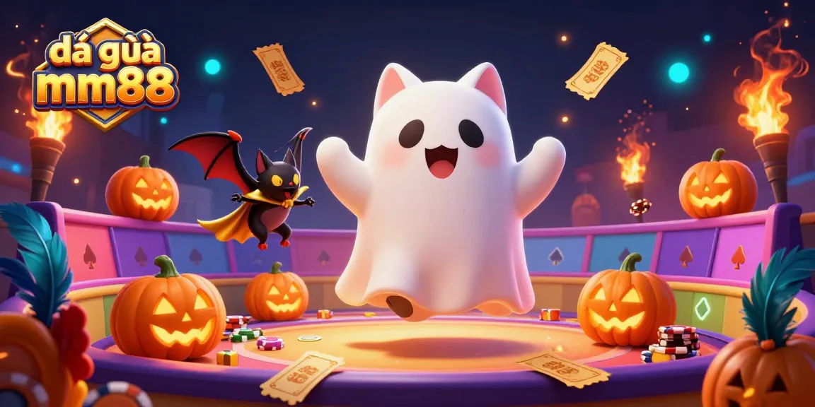Experience thrilling action with đá gà mm88 in this vibrant illustration featuring a ghost cat and bat.
