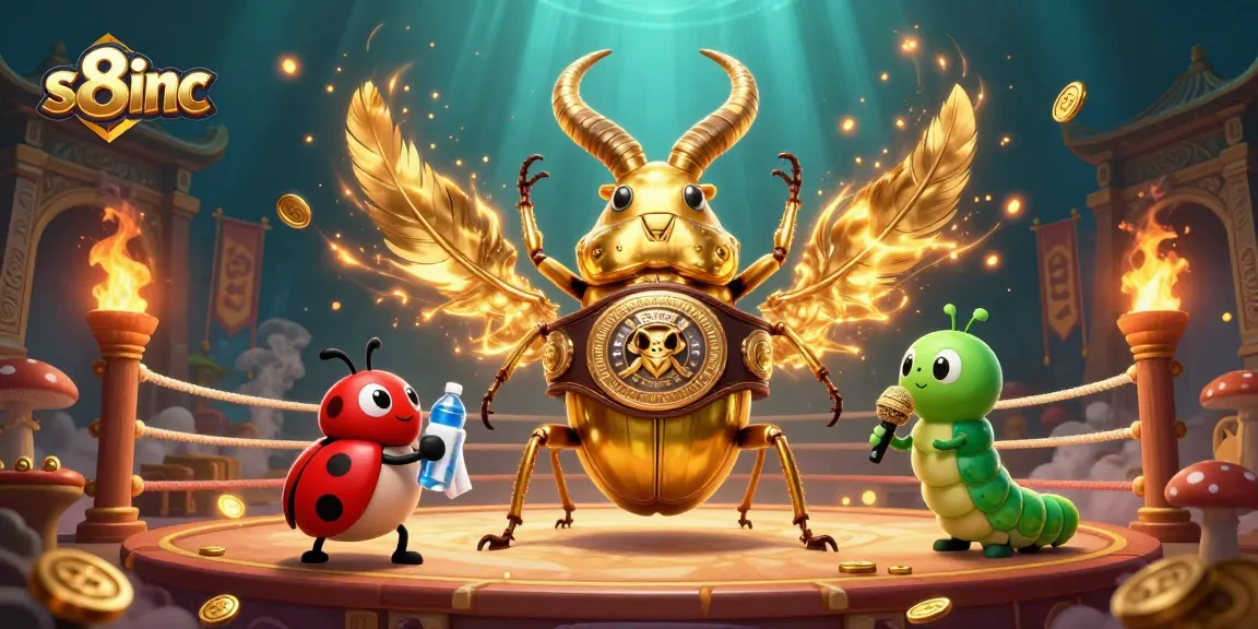 S8inc features a vibrant 3D illustration with a golden stag beetle and ladybug in a dynamic casino setting.