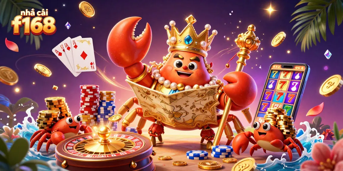 Engage with the lively world of nhà cái f168 featuring a golden crab emperor amidst dynamic casino elements, vibrant treasures, and festive atmosphere.