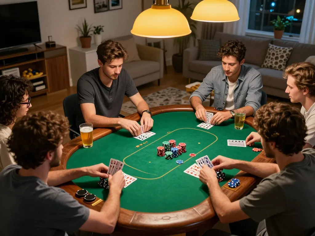 rokok88 players enjoying a friendly poker game at home, vibrant chips and cards in focus, warm atmosphere