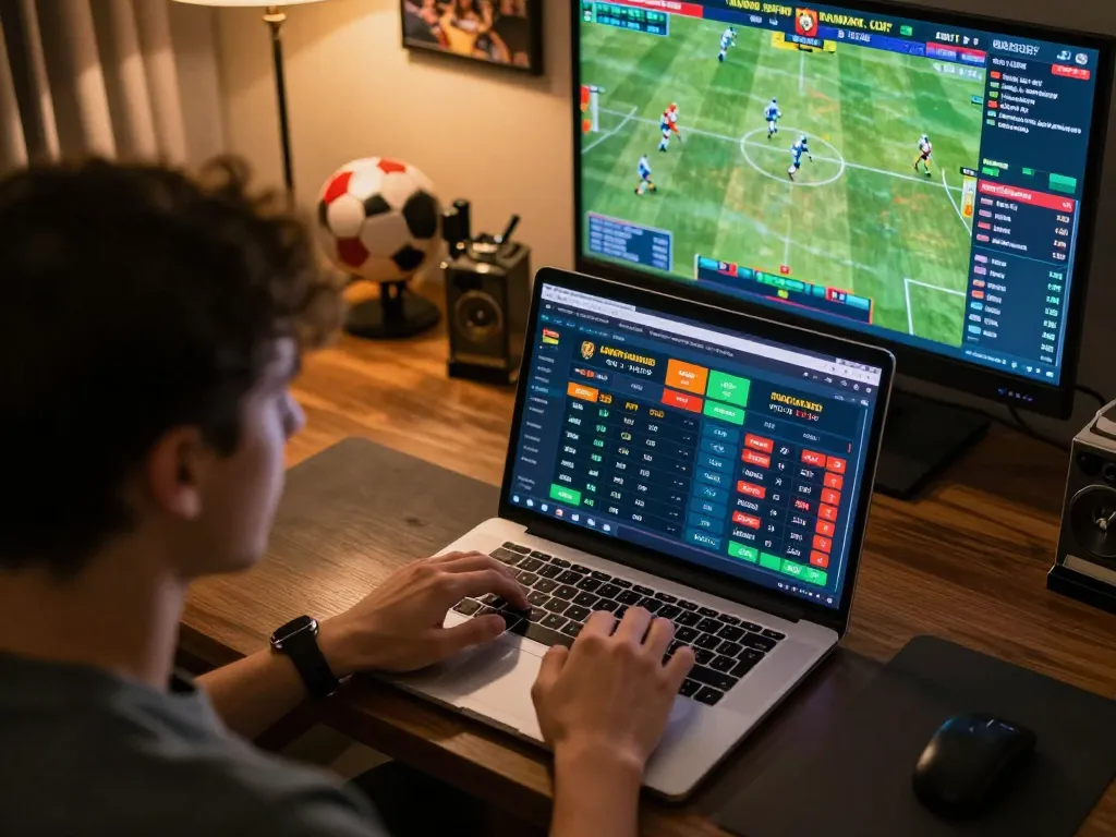 Engaged gambler analyzing betting odds on keobongda during an online sports event at home