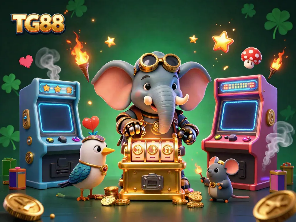 Experience the vibrant world of TG88 with a steampunk elephant operating a golden slot machine amidst dynamic arcade elements.
