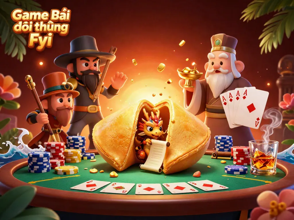 Game Bài Đổi Thưởng Fyi showcases a whimsical casino scene featuring characters and poker elements.