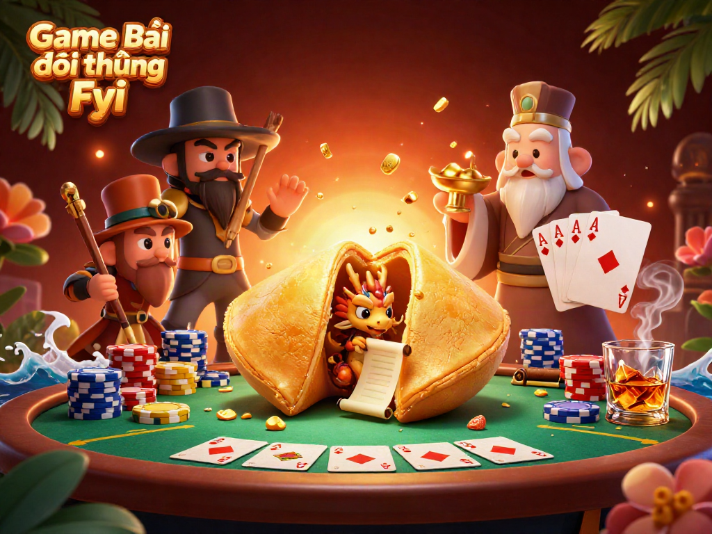 Game Bài Đổi Thưởng Fyi showcases a whimsical casino scene featuring characters and poker elements.