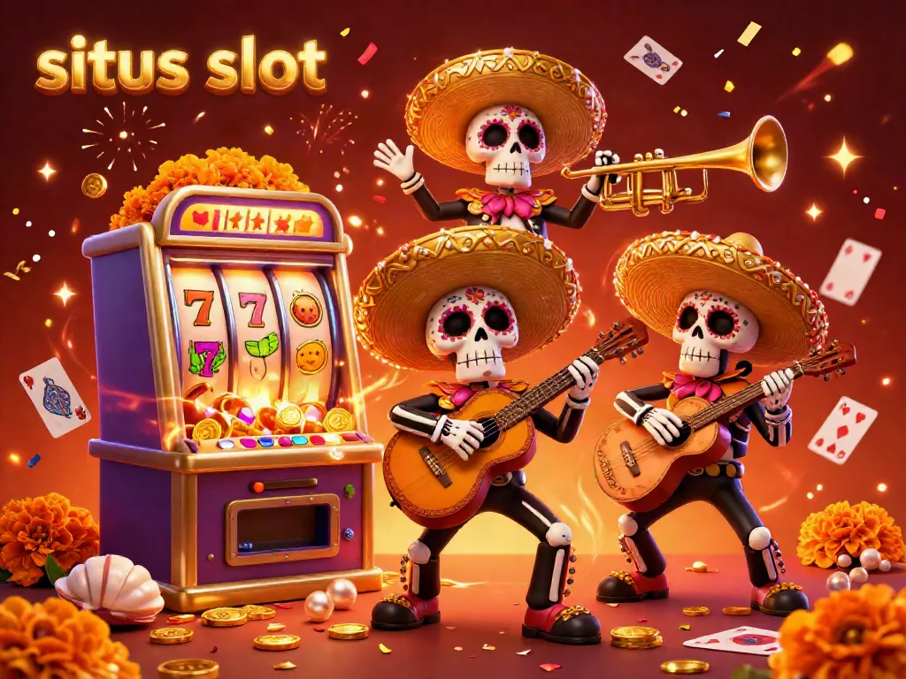 Experience the excitement of situs slot with a colorful mariachi band amid overflowing slots and vibrant confetti.