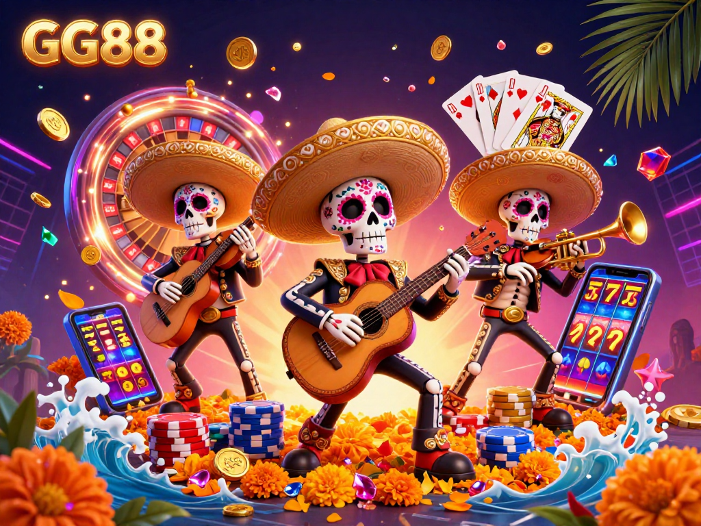 Experience GG88 with vibrant mariachi skeletons, spinning roulette, and colorful gaming elements.
