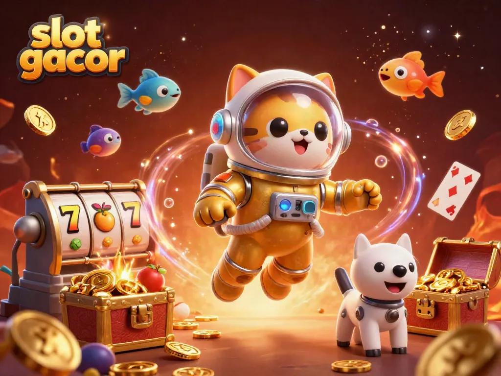 Engage in fun-filled gameplay with slot gacor featuring an astronaut cat and vibrant casino elements.