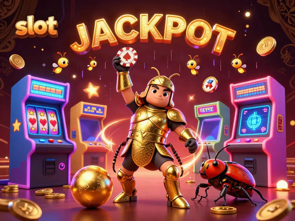 Exciting slot-themed cartoon scene featuring a hero beetle celebrating with a poker chip, jackpot elements, and glowing game machines.