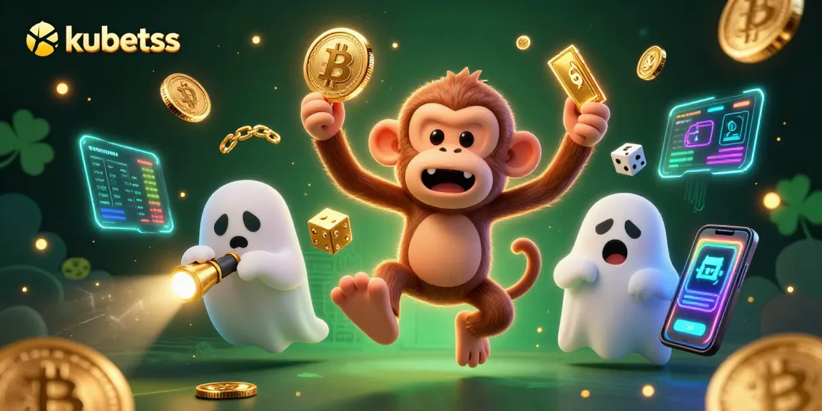 Track golden objects with kubetss in a haunted casino where a playful monkey and a curious puppy compete.
