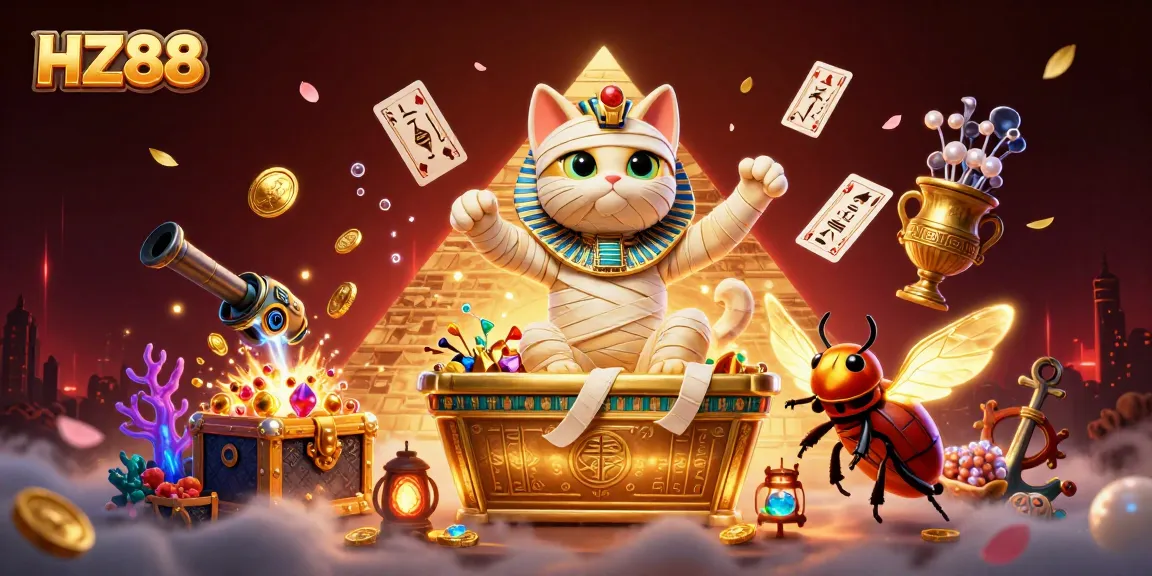 Experience thrilling gaming at HZ88 with an Egyptian mummy cat in a vibrant casino setting.