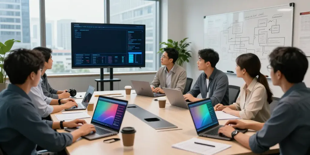 Enterprise AI consulting team collaborating in a modern office setting.