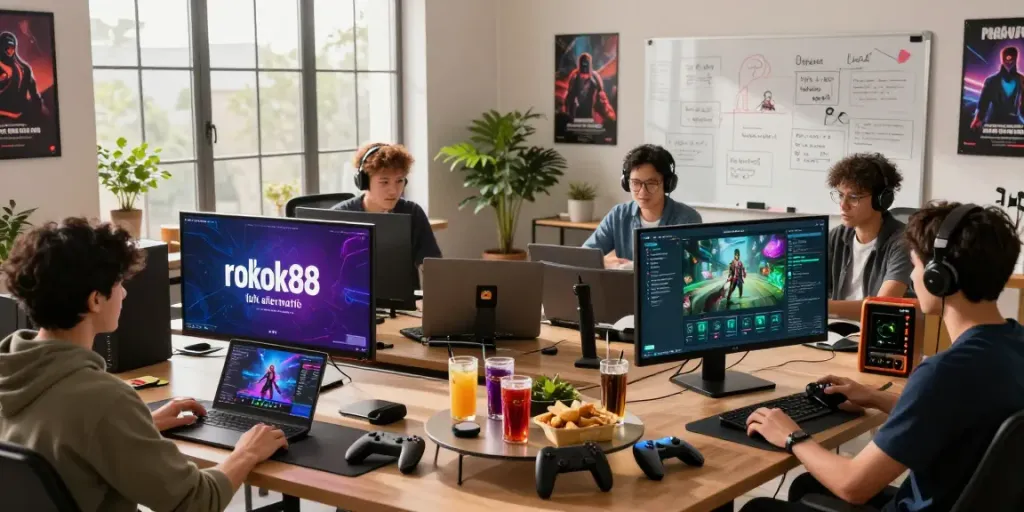 Collaborative scene showcasing gamers engaging with the rokok88 link alternatif in a modern workspace.