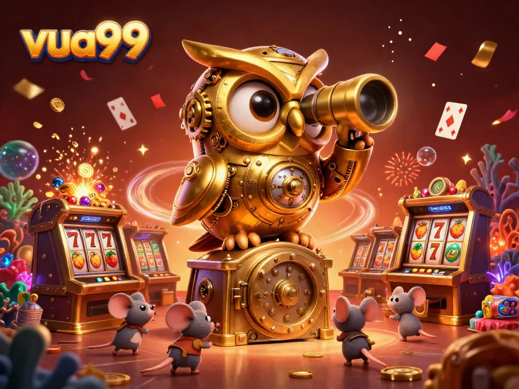 Experience exciting gaming at vua99, with a clockwork owl overseeing thrilling slot machines and vibrant casino elements.