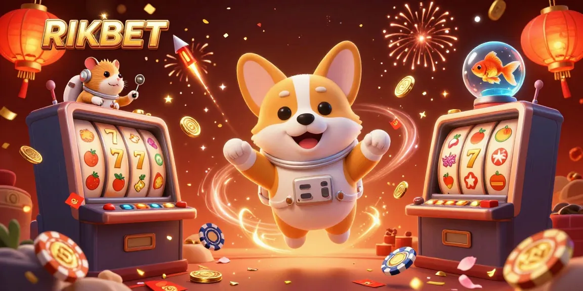 Engage with RIKBET's thrilling casino atmosphere featuring a vibrant floating 3D scene with characters and festive elements.