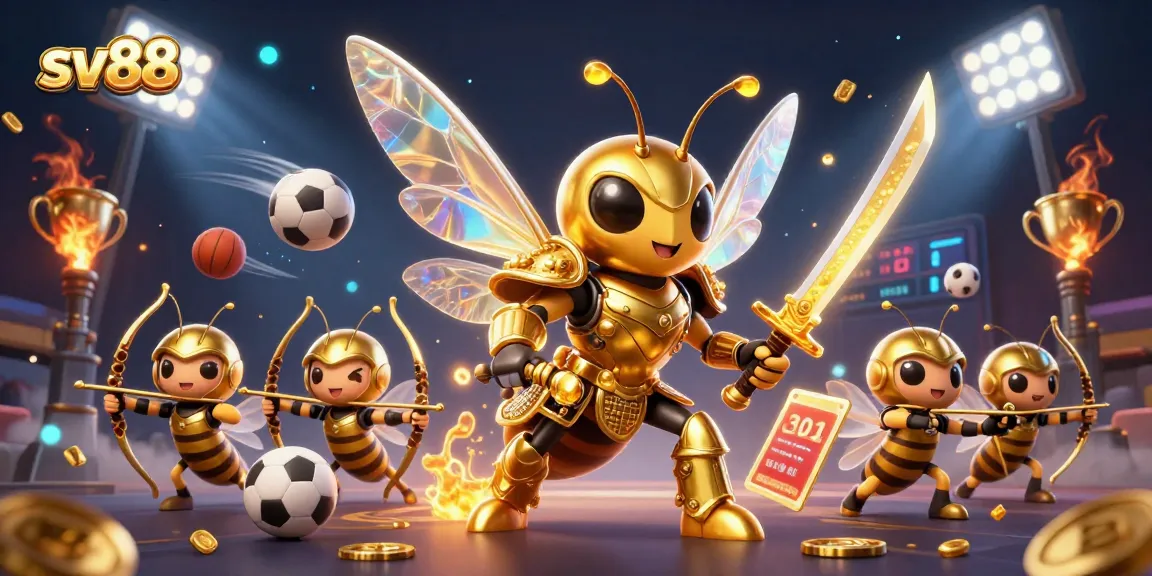 Experience thrilling sports betting at sv88 with dynamic 3D illustration of a golden hornet in samurai armor.
