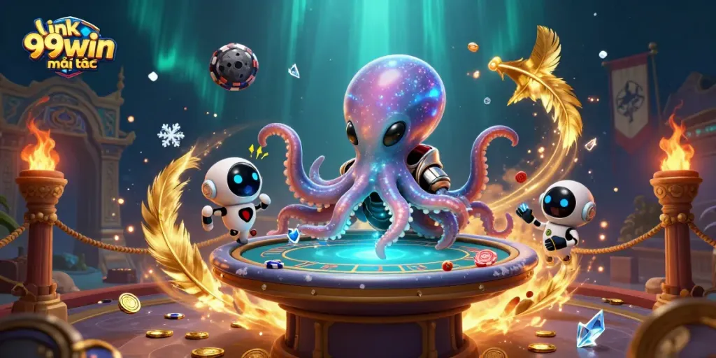 Bet on link 99win mới nhất with a dynamic 3D alien octopus poker scene featuring glowing coins.