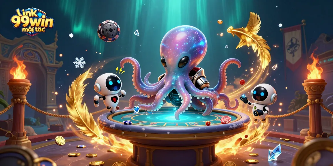 Bet on link 99win mới nhất with a dynamic 3D alien octopus poker scene featuring glowing coins.