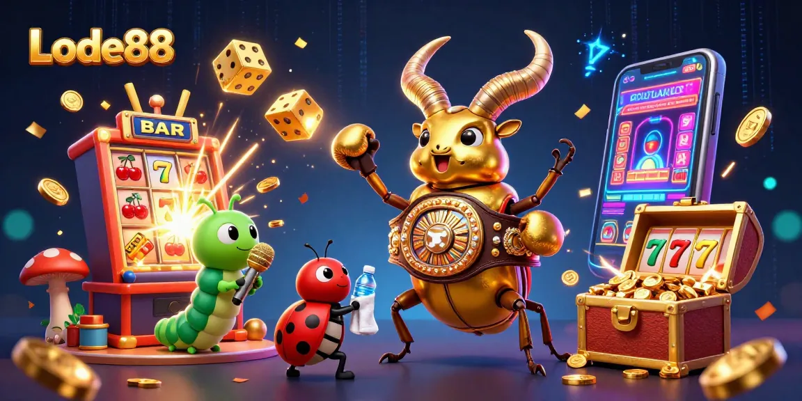 Lode88 showcases a vibrant 3D scene featuring a golden stag beetle boxing champion amidst celebratory casino elements.