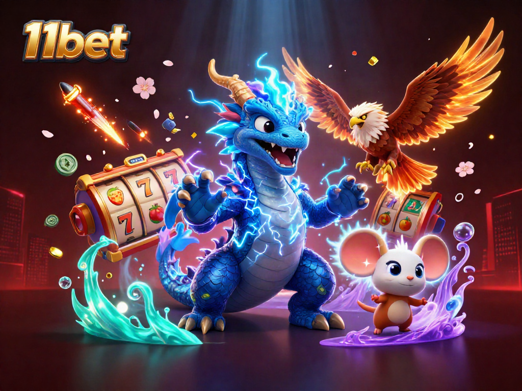 Experience thrilling action with 11bet's dynamic gaming elements in a vibrant casino scene.