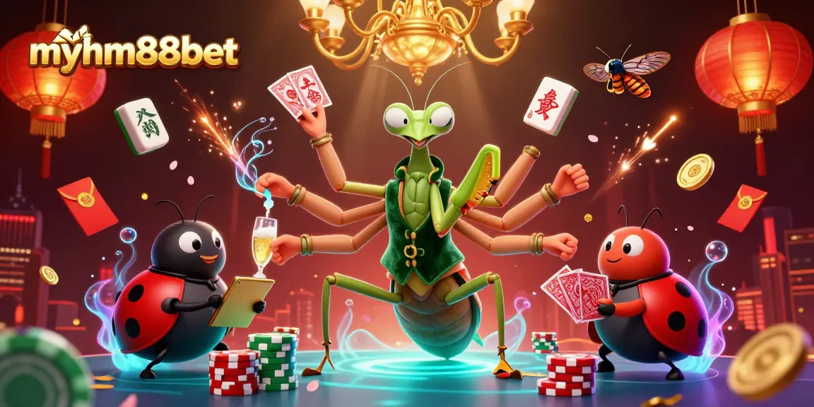 Experience exciting gameplay with myhm88bet where giant praying mantis card sharp deals cards amid stunning casino elements.