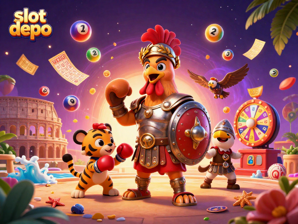 Win big with slot depo in this exciting 3D casino scene featuring a dynamic gladiator rooster.