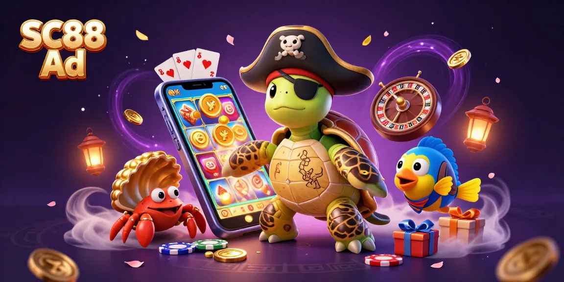 Engage with SC88 Ad featuring a vibrant 3D cartoon scene showcasing casino symbols and characters.