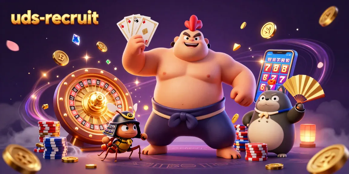 Join the action at uds-recruit with an epic scene showcasing a powerful sumo rooster, a fighting cricket, and a tanuki announcer amidst vibrant casino elements.