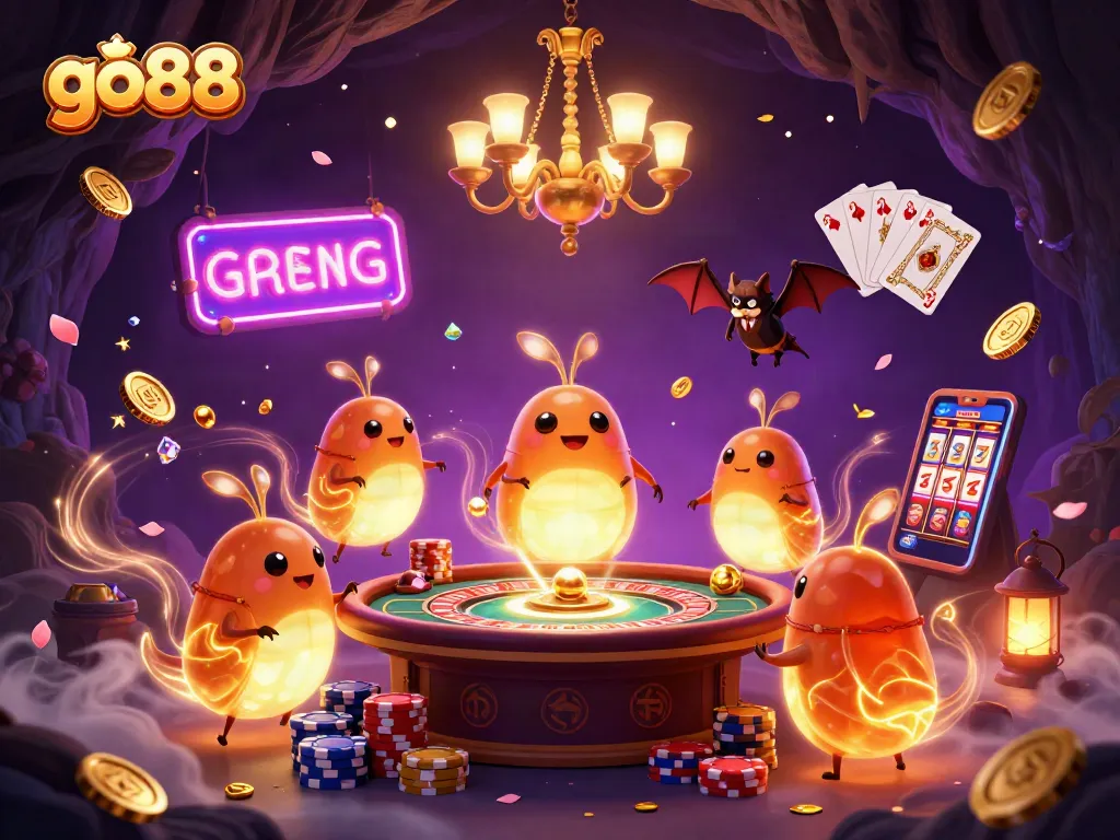 Experience the excitement of go88 as glowworms illuminate a vibrant casino scene with a bat dealer.