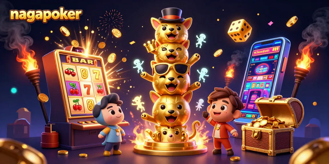 Engage with nagapoker's thrilling slot machine action featuring golden totem, dice, and vibrant casino elements.