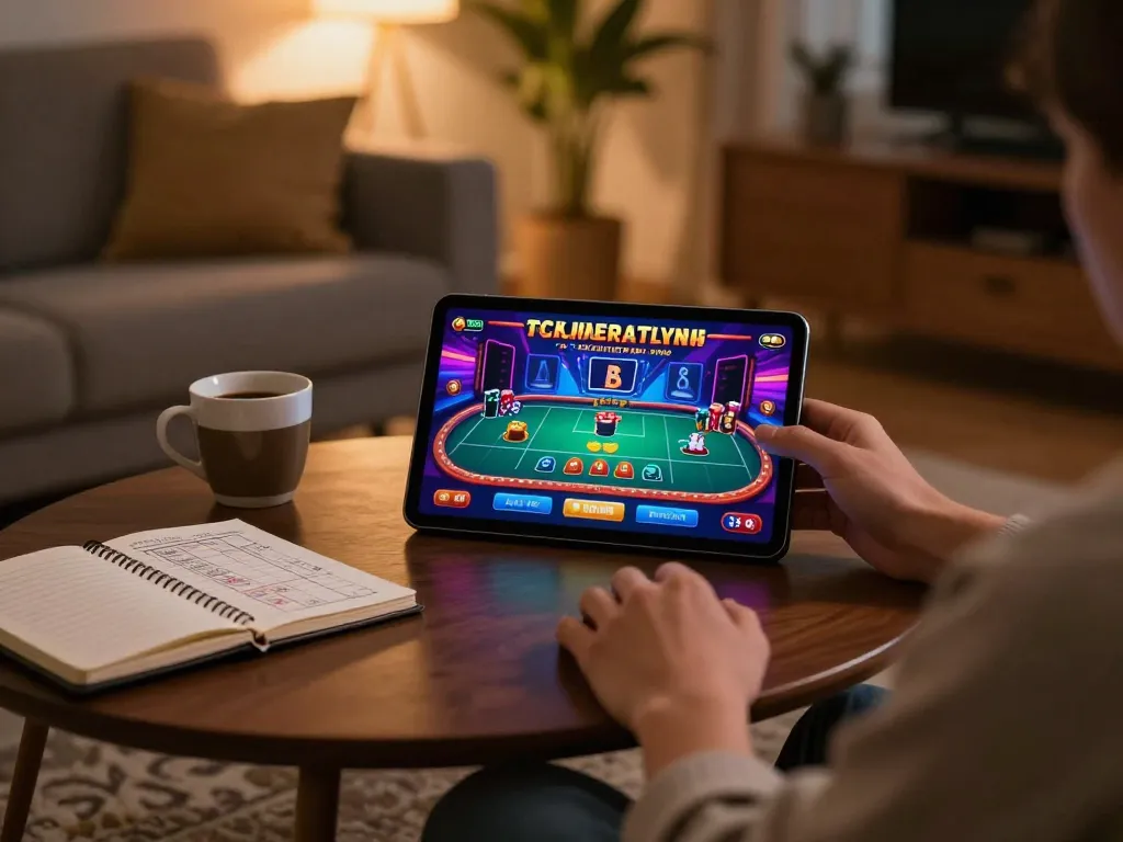 Engaging with 8kbet8 online casino game on smartphone in a cozy setting.