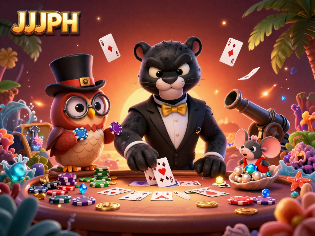 Engage in poker excitement with JJJPH as stylish characters deal cards in a vibrant 3D casino scene.