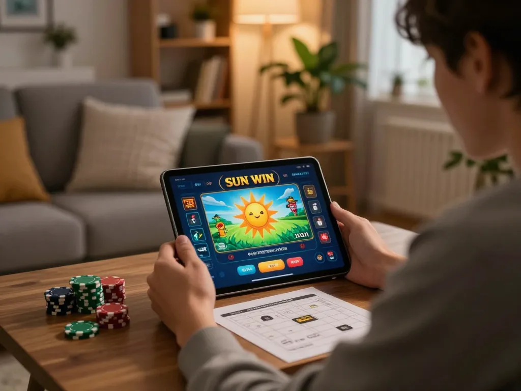 Player engaged with the sun win casino app on a tablet during relaxed home gaming session