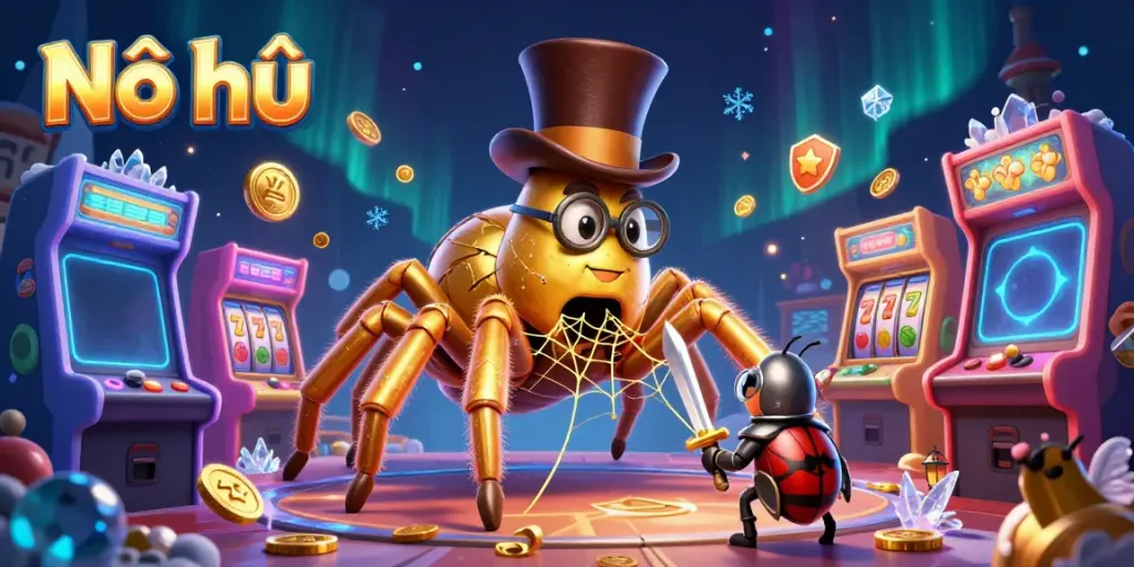 Nổ hũ slots featuring a colorful scene with a golden tarantula and beetle knight in a casino setting.