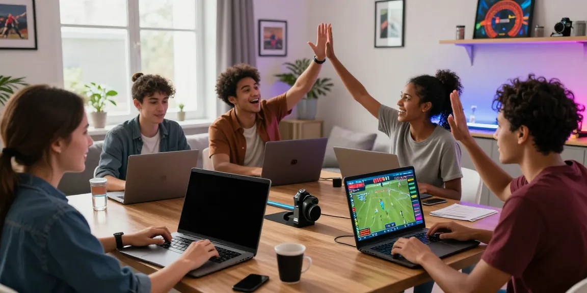 Friends engaging in live sports betting at home, enjoying fabet's exciting features in a vibrant setting.