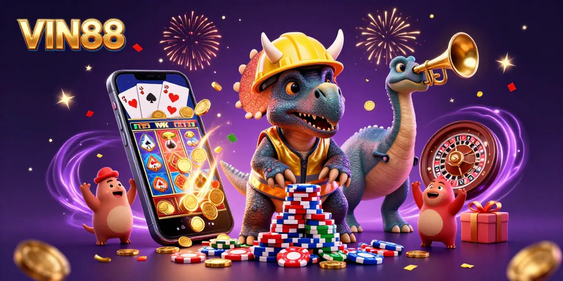 Play and win big at VIN88 with exciting casino elements and celebratory characters!