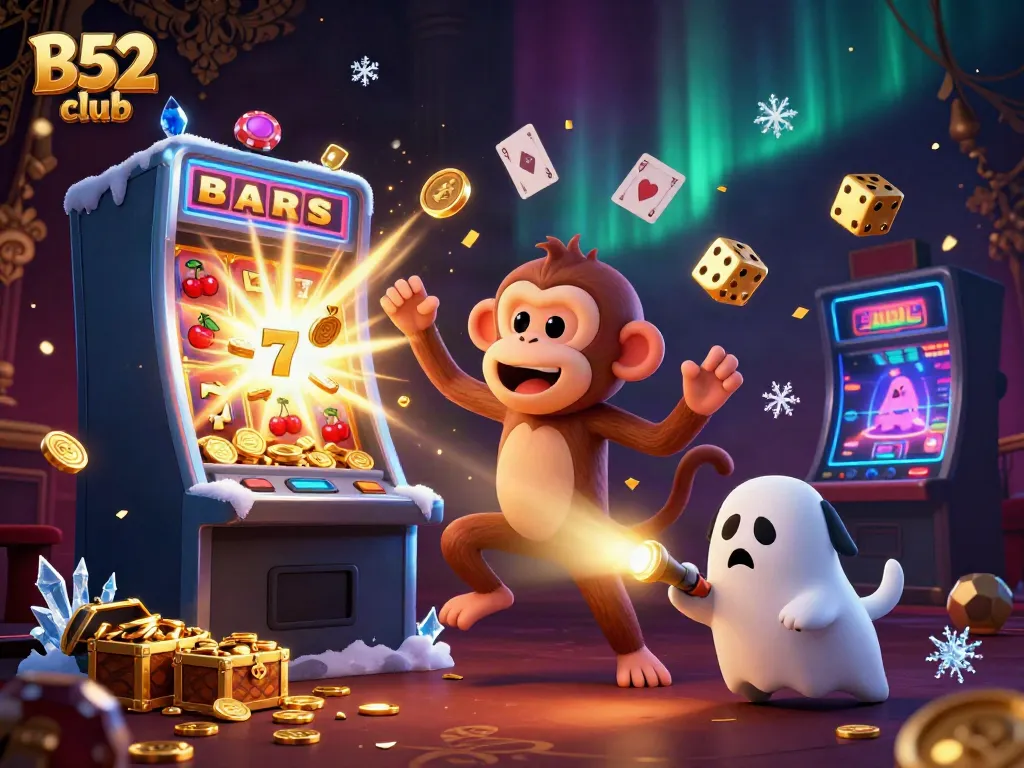 Engage with the B52 club as a playful poltergeist monkey and a curious puppy explore a vibrant casino.
