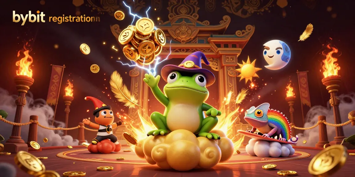 Experience bybit registration with a vibrant 3D illustration featuring crypto-themed characters and dynamic casino elements.